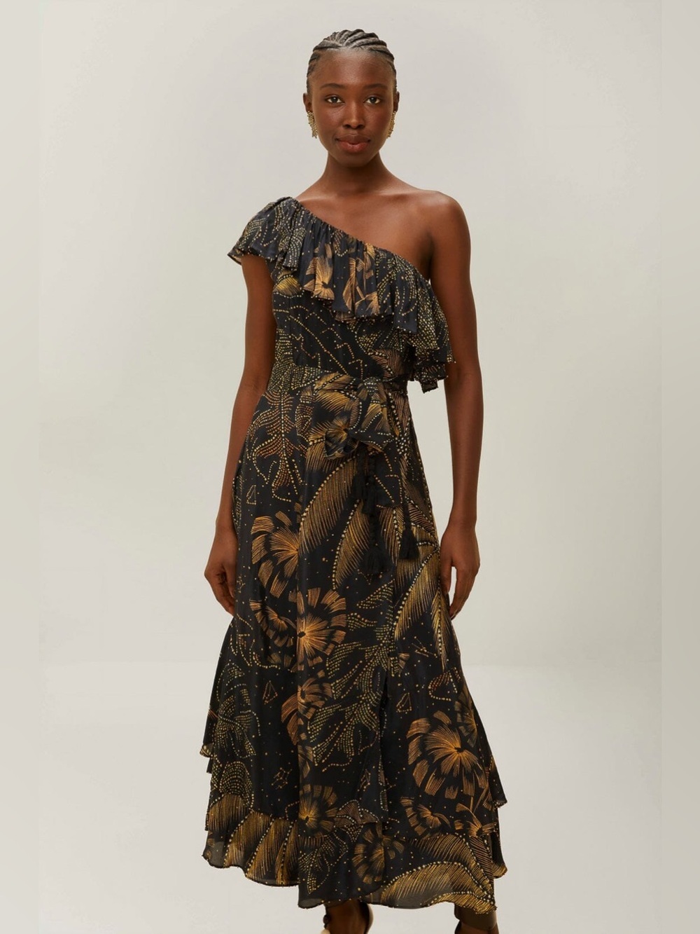 FARM Rio Golden Foliage One Shoulder Maxi Dress Black NWT Tropical